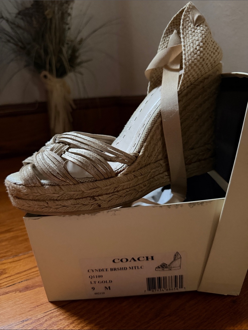 Coach Espadrille Wedge Sandals in Light Gold Braided Raffia